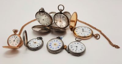 COLLECTION OF FOB & POCKET WATCHES - MOSTLY SILVER, TWO ROLLLED GOLD HUNTERS
