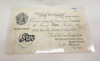 BANK OF ENGLAND WHITE £5 NOTE SIGNED L.K. O'BRIEN - 18 JUNE 1956