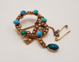 15 CARAT GOLD & TURQUOISE PIN BROOCH