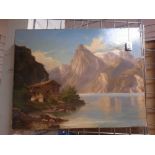 JACOB JOSEF ZELGER (1812-1885) SWISS. OIL ON CANVAS. “MOUNTAIN LAKE VIEW WITH HUT” SIGNED