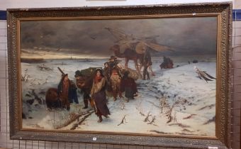 FRAMED LARGE OIL ON CANVAS- SYBERIAN WINTER SCENE BY D SCHADE C1905 - A/F