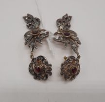 18CT GOLD & SILVER MIXED, ROSE CUT DIAMOND & GARNET ANTIQUE EARRINGS