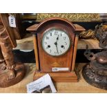 INLAID MAHOGANY CASE STRIKING MANTEL CLOCK (WITH KEY & PENDULUM)