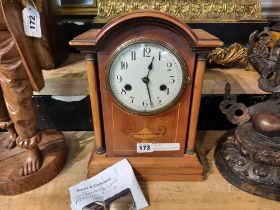 INLAID MAHOGANY CASE STRIKING MANTEL CLOCK (WITH KEY & PENDULUM)