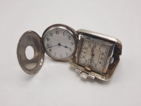 STERLING SILVER ENAMELLED HALF HUNTER MINIATURE POCKET WATCH WITH A HM SILVER TRAVEL CLOCK