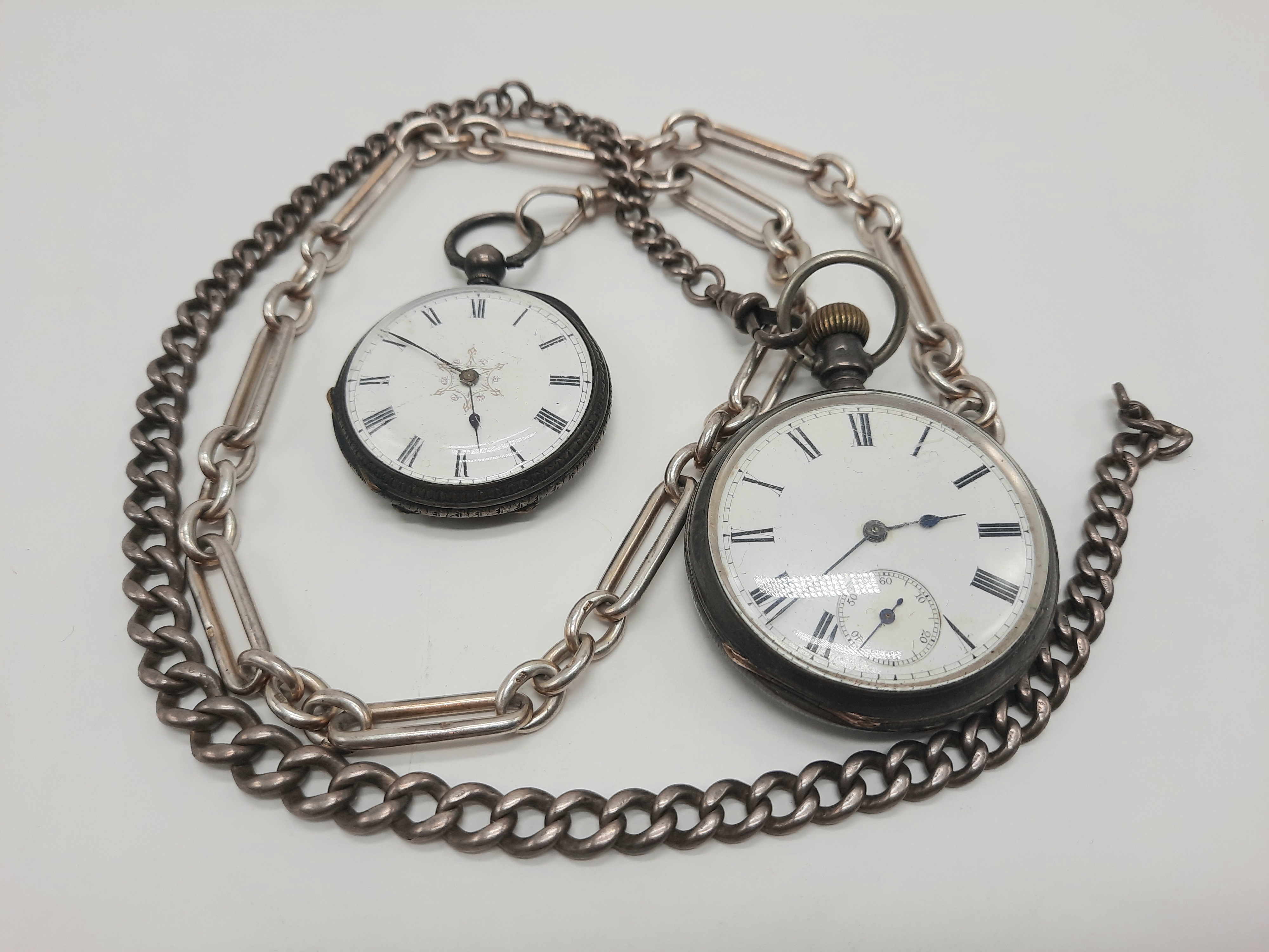 2 SILVER POCKET WATCHES & CHAINS