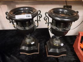 PAIR OF MARBLE & BRONZE URNS 34CMS (H) APPROX