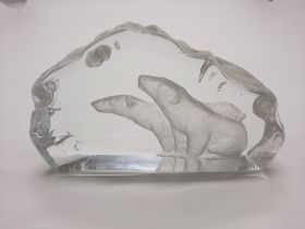 GLASS POLAR BEAR PAPERWEIGHT - SIGNED 12.5CMS (H) APPROX