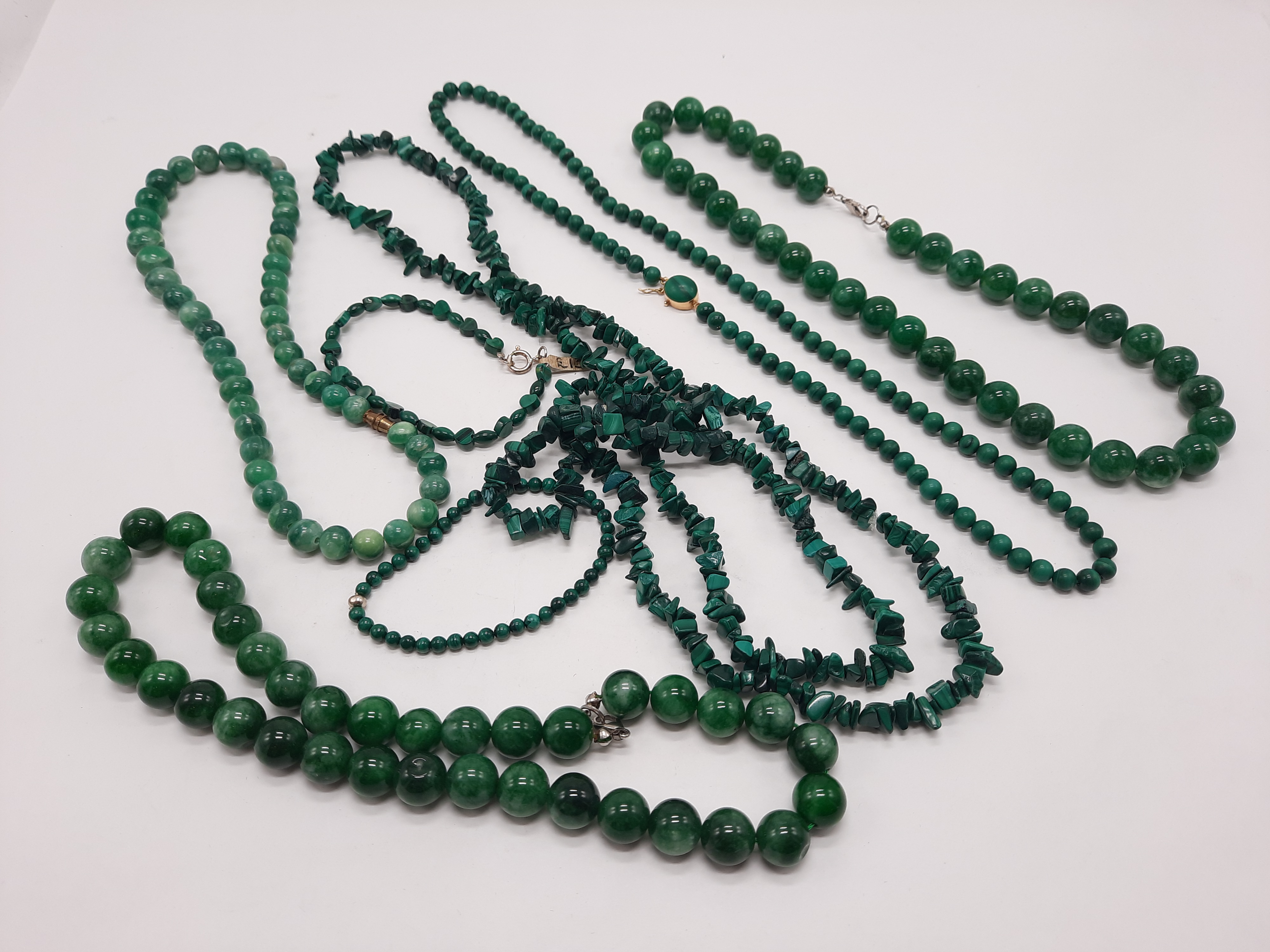 MALACHITE JADE & OTHER GREEN STONE JEWELLERY - ONE HAS 18CT GOLD CLASP