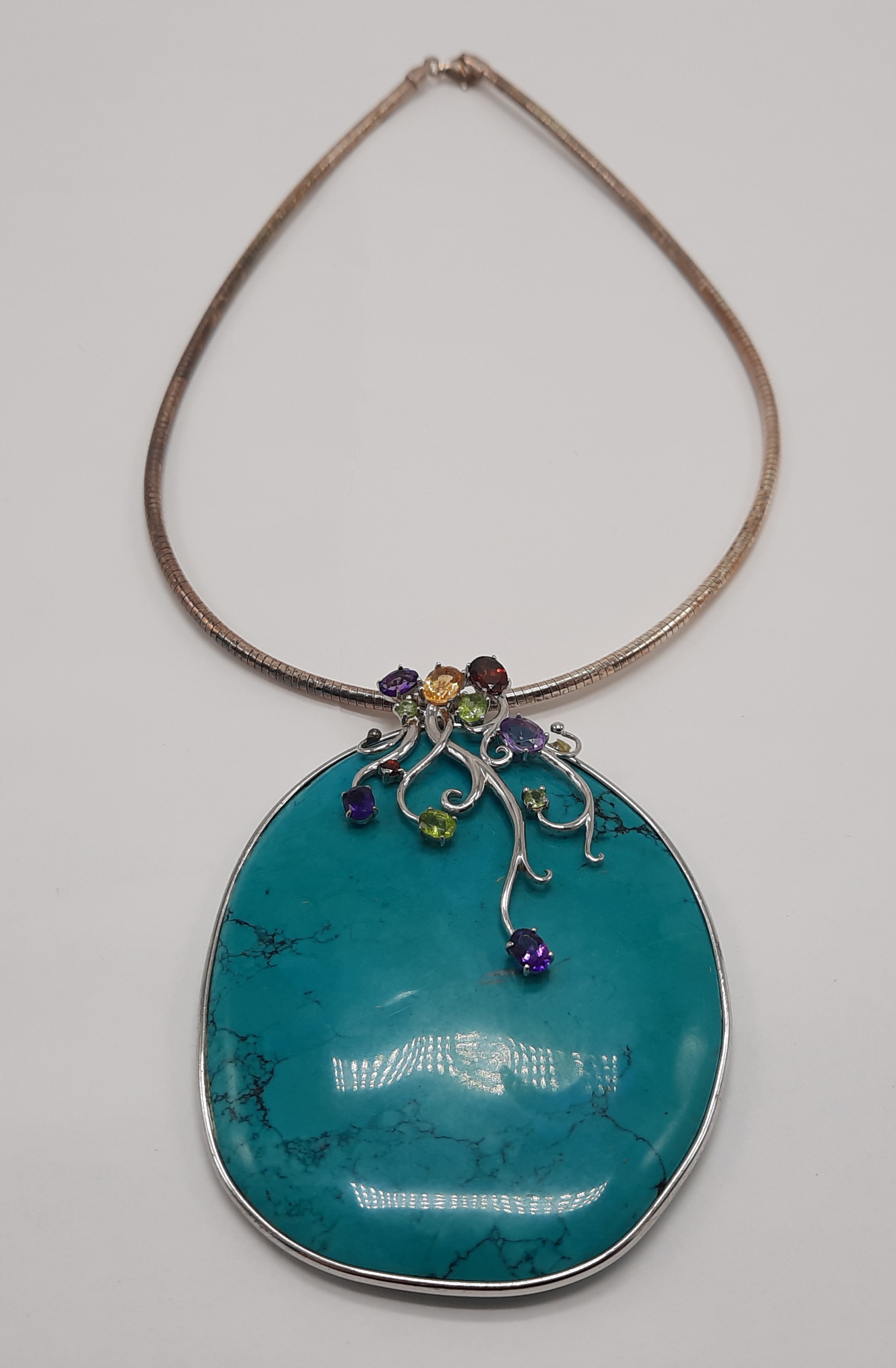 LARGE 925 SILVER TURQUOISE PENDANT WITH AMETHYST, PERIDOT & CITRINE ETC