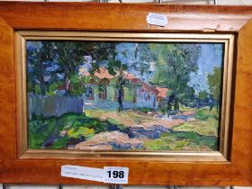 YURI GUSEV (1928-2012) HOUSE WITH RED ROOF C2012 OIL ON CANVAS FRAMED 13.5CMS (H) X 24CMS (W)