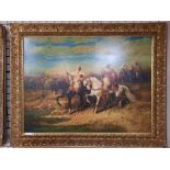 LARGE OIL ON CANVAS OF ARABIC HUNTING SCENE - FRAMED AND SIGNED BY G DECALIWE 89CM (H) X 118CMS (