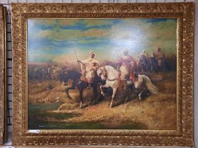 LARGE OIL ON CANVAS OF ARABIC HUNTING SCENE - FRAMED AND SIGNED BY G DECALIWE 89CM (H) X 118CMS (