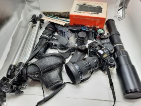 QTY OF CAMERAS, FLASH GUN & LENSES