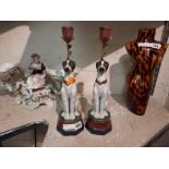 PAIR OF BRONZE & PORCELAIN DOG CANDLESTICKS 33CMS (H) APPROX