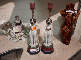 PAIR OF BRONZE & PORCELAIN DOG CANDLESTICKS 33CMS (H) APPROX