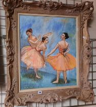 FRAMED OIL ON BOARD OF BALLET DANCERS BY JOAN MARGARET ANN GADSTONE 60CMS (H) A 49.5CMS (W) INNER