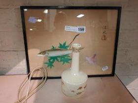 JAPANESE SILK FRAMED FISH DEPICTION WITH A JAPANESE VASE