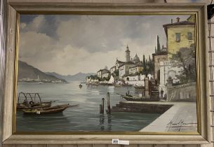 FRAMED OIL ON CANVAS - LAKE COMO 59CMS (H) X 89CMS (W) INNER FRAME APPROX