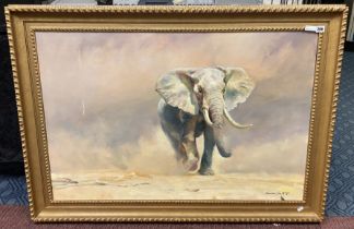 LARGE FRAMED OIL ON CANVAS - ELEPHANT - SIGNED - A/F