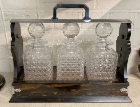 ANTIQUE 19TH CENTURY VICTORIAN SILVER PLATED COROMANDEL TANTALUS CIRCA 1890 WITH 3 CUT GLASS