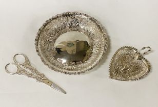 HM SILVER DISH & BOWL WITH A PAIR OF SILVER PLATED SCISSORS