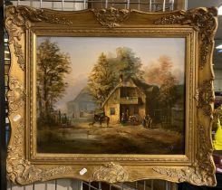 OIL ON BOARD OF A DUTCH VILLAGE SCENE - SIGNED KJ - 39CMS (H) X 49.5CMS (W) INNER FRAME