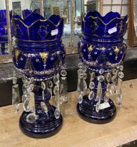 PAIR OF BRISTOL BLUE LUSTRES - FULL DROP GILT EDGED - 37CMS TALL