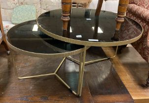 TWO GILT METAL & BLACK GLASS ROUND TABLES