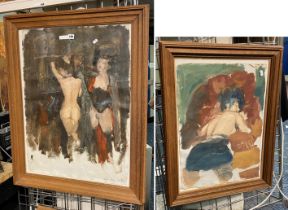 2 FRAMED & SIGNED DICK FRENCH OIL ON PAPER NUDE SCENES IN SOLID OAK FRAMES 77CMS (H) X 55CMS (W) &