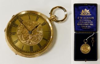 18CT GOLD BENSON OPEN FACE POCKET WATCH WITH KEY, IN ORIGINAL BOX