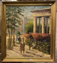 GILT FRAMED OIL ON CANVAS EUROPEAN MARKET SCENE - SIGNED BOTTOM LEFT66.5CMS (H) X 60CMS (W) INNER