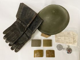 MILITARY LOT ; HELMET, BELT BUCKLES & WATCHES