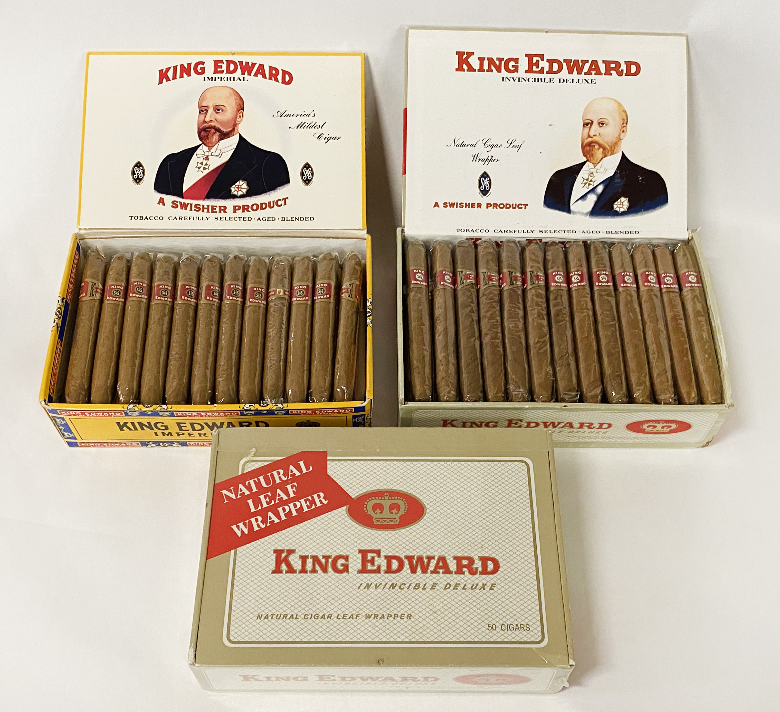 3 FULL BOXES OF KING EDWARD CIGARS: 2 ARE INVINCIBLE DELUXE OF WHICH 1 BOX IS SEALED & ANOTHER BOX