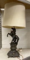 BRONZED SPELTER HORSE & HANDLER TABLE LAMP & SHADE - 42 CMS (H) EXCLUDING SHADE