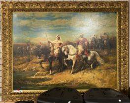 SIGNED OIL ON CANVAS - ARAB HUNTERS - 88.5CMS (H) X 118CMS (W) INNER FRAME APPROX