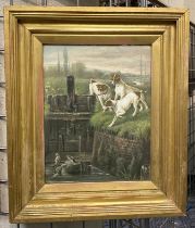 ''THREE TERRIERS BY A CANAL'' FRAMED & GLAZED - VARIOUS LABELS ON REVERSE 24CM X 31CM