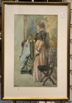 PRE-RAPHAELITE WATERCOLOUR SIGNED A. HASSAM - LADY STANDING AGAINST A TAPESTRY 20CM X 35CM