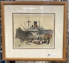 HARRY HUDSON RODMELL - WATERCOLOUR OF SHIP IN DOCK - SIGNED - 29 X 34 CMS PICTURE ONLY