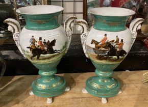 PAIR GREEN PORCELAIN HUNTING SCENE VASES - 39.5 CMS (H) APPROX