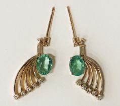 14CT GOLD TESTED, PAIR OF EARRINGS - EACH EARRING APPROX 1.20 CT OF EMERALD WITH DIAMONDS