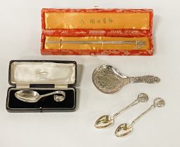 SILVER INCL. CHOPSTICKS (BOXED), PAIR OF WANG HING LEAF TEASPOONS,BOODLE BABY SPOON (BOXED) & A