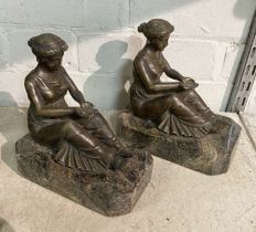 PAIR OF BRONZE SEATED GIRLS ON MARBLE BASE - APPROX 18 CMS H