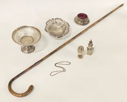 COLLECTION OF SILVER INCL. COMPORT, SALTS, PIN DISH, INKWELL WITH A SILVER COLLARED WALKING