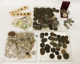 COLLECTION OF COINS, BANKNOTES TO INCLUDE HAMMERED COINS SOME SILVER CONTENTS ETC