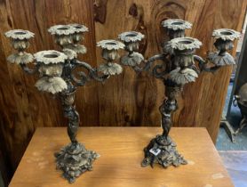 PAIR OF FIVE BRANCH BRONZE CHERUB CANDELABRAS