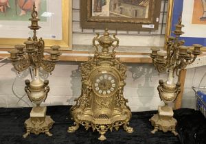 GILT MANTLE CLOCK WITH CANDELABRA GARNITURE - APPROX 57CM H & 68 CMS H