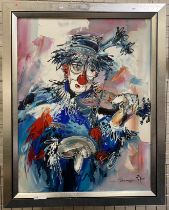 OIL ON BOARD - HARRY THE CLOWN - SIGNED - 115 CMS H X 88 CMS W - INNER FRAME