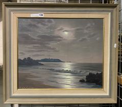 ROGER DE LA CORBIERE SUNSET SEASCAPE - FRAMED OIL ON CANVAS - A/F 44.5 CMS X 53 CMS W APPROX