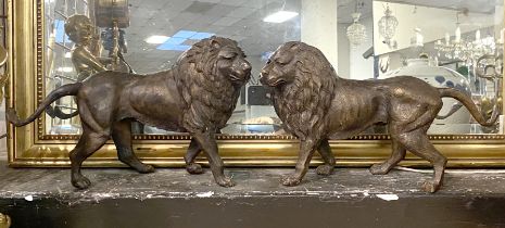 PAIR OF BRONZE LIONS - APPROX 25.5 CMS H